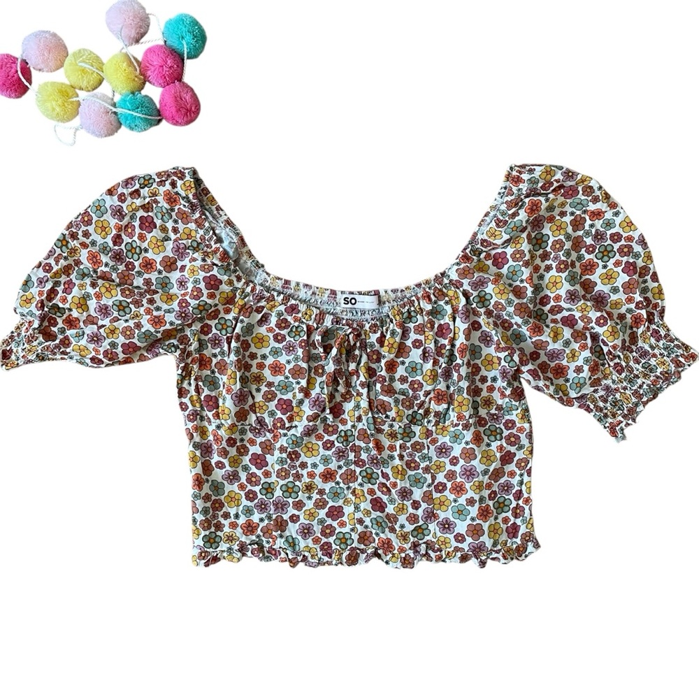 Boho Floral Crop Top Ruched Back‎ Balloon Sleeve Size L